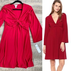Long Sleeve Twist Crepe Fit & Flare Dress